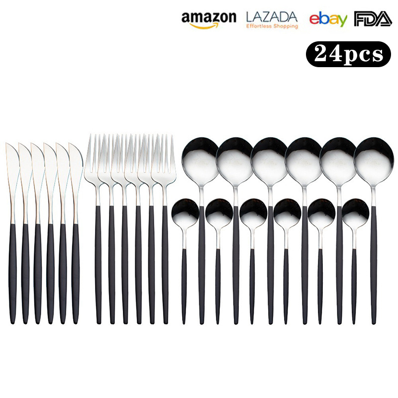 Transfronterizo de Amazon 24 piezas de acero inoxidable traje de vajilla Portugués Occidental cuchillo de carne, tenedor y cuchara de titanio chapado en oro cuchara