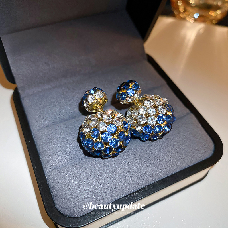 Aguja de plata incrustado en diamantes redondo delantero y trasero de dos orejas Corea del Sur Luz de lujo de alto grado pendientes de moda de nicho para mujeres