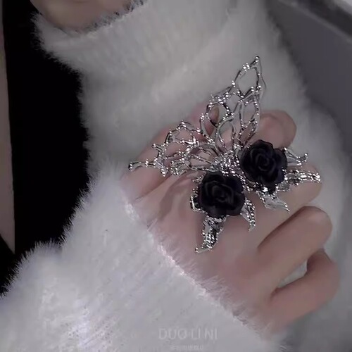Night Rose~ Spicy Sweet Cool Liquid Butterfly Open Ring, Light Luxury Uncommon Design Adjustable Ring for Index Finger