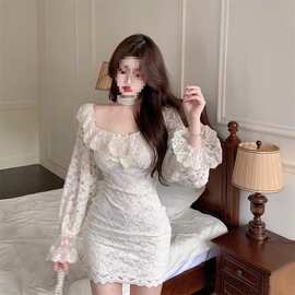 短裙秋冬蝴蝶结磨毛子蕾丝连衣裙女装法式长袖打底紧身包臀裙收腰