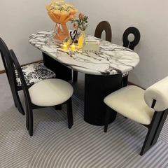 フランス式宝格莉天然大理石食卓長方形岩板復古現代軽豪華シンプル楕円食卓椅子