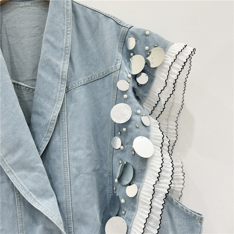 2024 industria pesada sequinilla borde de loto empalme cuentas de encaje sueltas versátiles lavado con agua jeans azul clip cardigan chaqueta