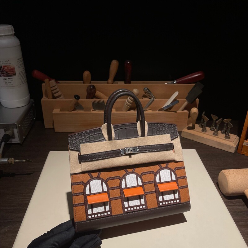 Fully Hand-Sewn Bk20Cm Platinum Bag with a Three-Dimensional Small House Design, Stitched with Genuine American Alligator Leather, Women's Handbag