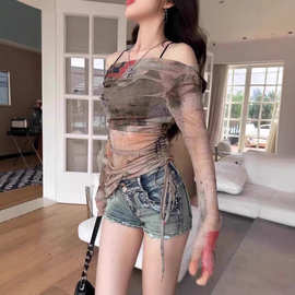 春季美式复古涂鸦一字肩网纱上衣修身百搭休闲不规则抽绳长女潮流