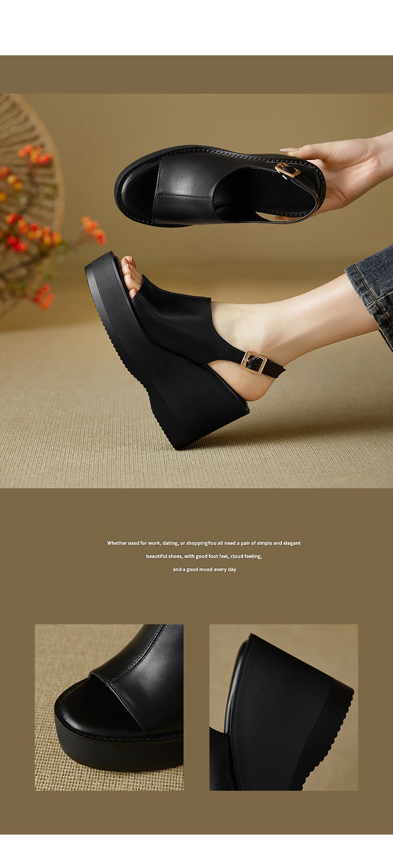 Sandal cao gót nữ mũi nhọn hở ngón, đế xuồng dày, quai một chữ, gót 9 cm — đen chi tiết 6