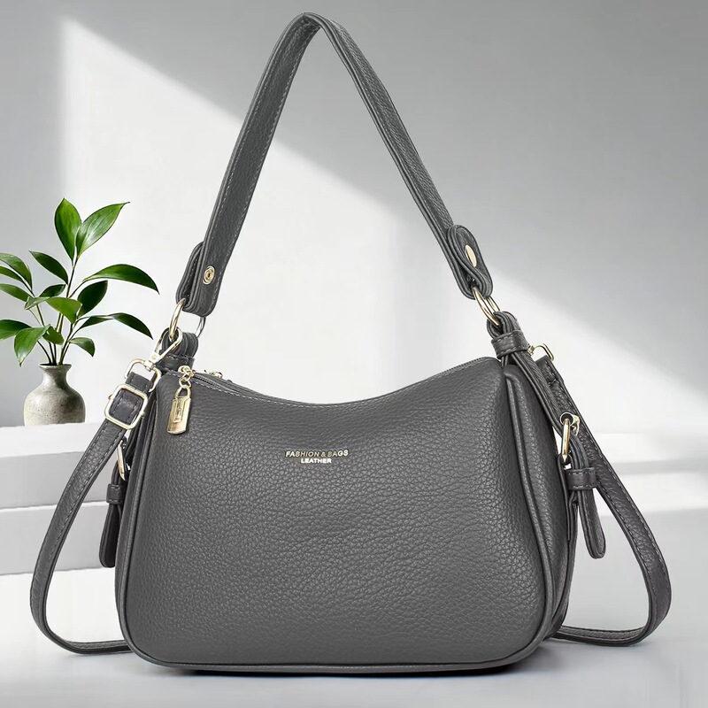 High-End Soft Leather Texture, Simple Large-Capacity Double-Zipper Women's Underarm Shoulder Bag, New Versatile and Fashionable Crossbody Bag