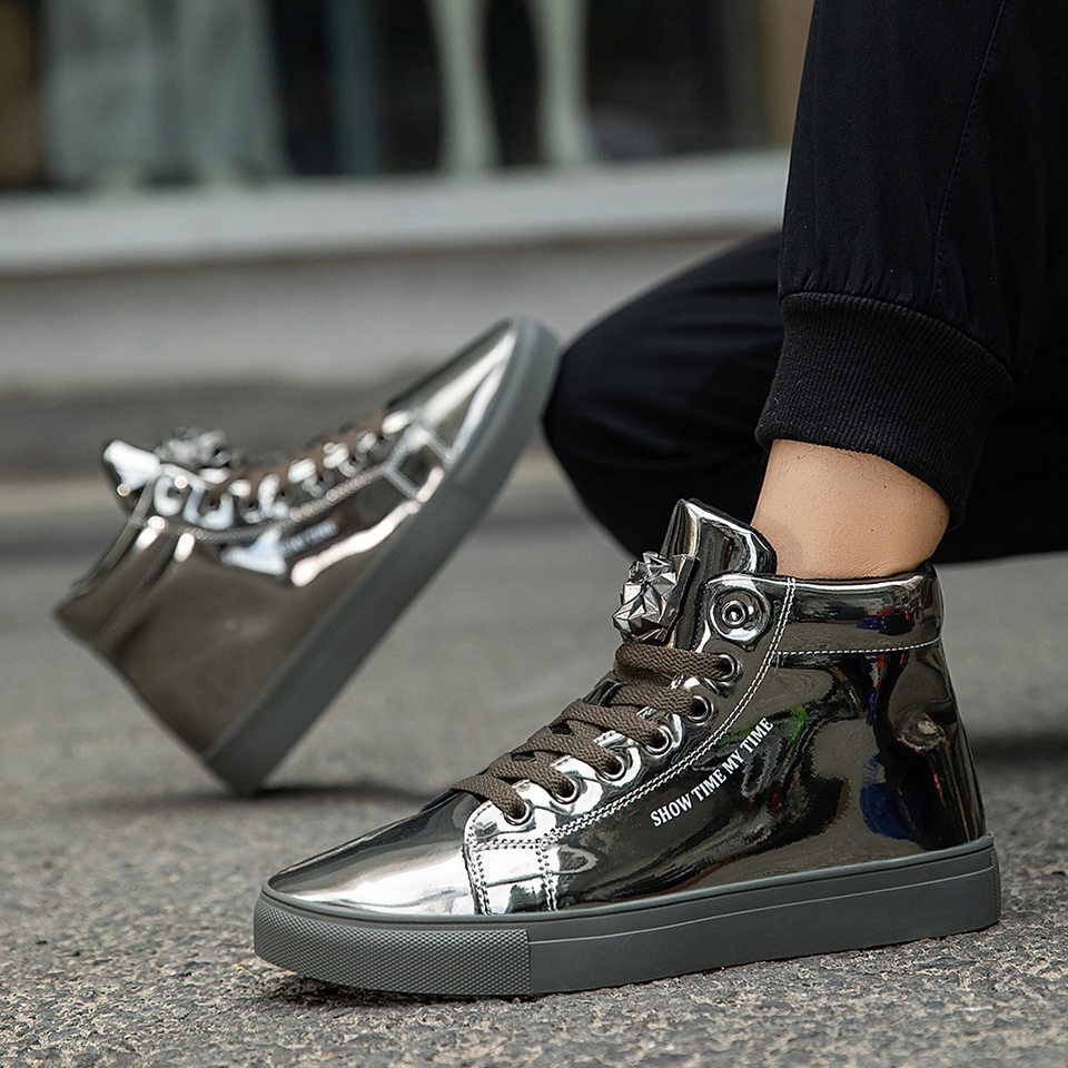 Giày sneaker nam cổ cao da bóng phong cách Hàn Quốc, giày thể thao thời trang cá tính — Bạc, màu xanh, màu đen, màu đỏ chi tiết 15