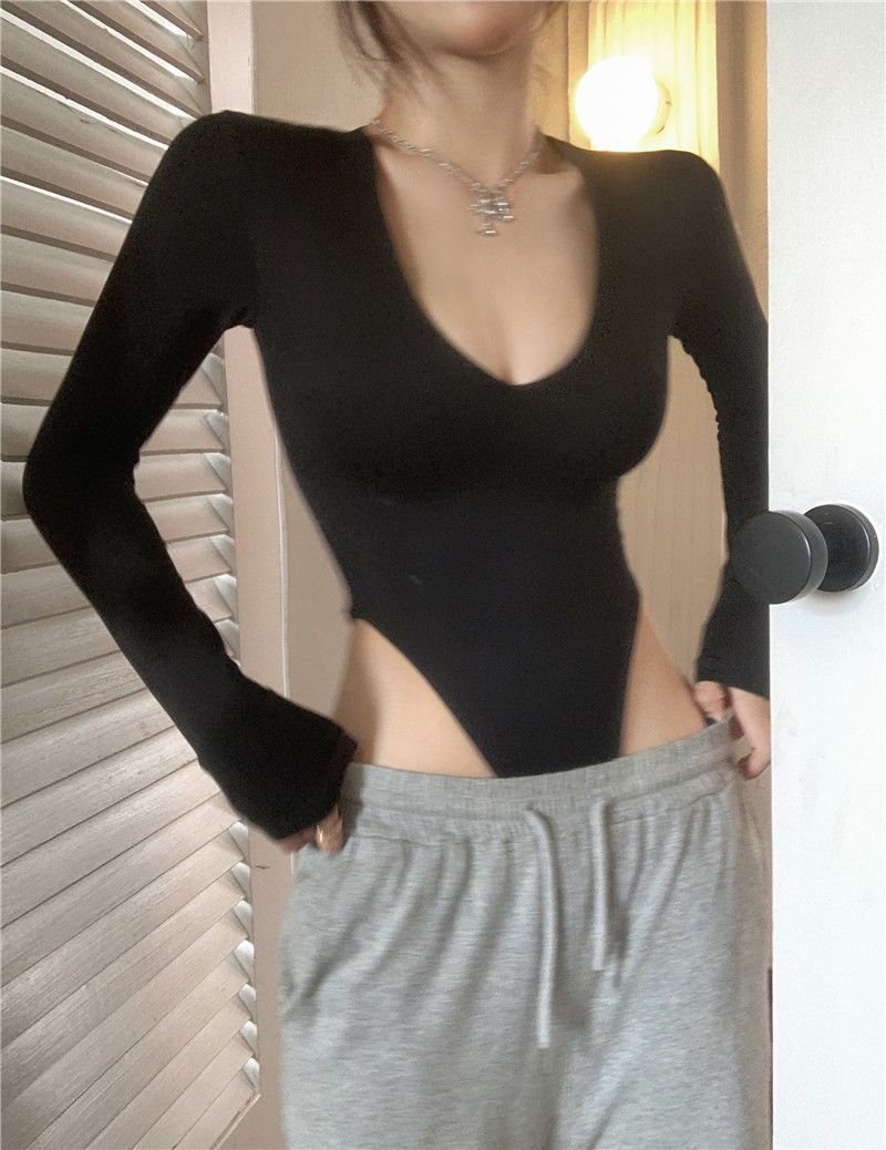 Mid Waist Waist Line Wholesale Women's Polyester Sexy Simple Style Solid Color Long Sleeve Bodysuits