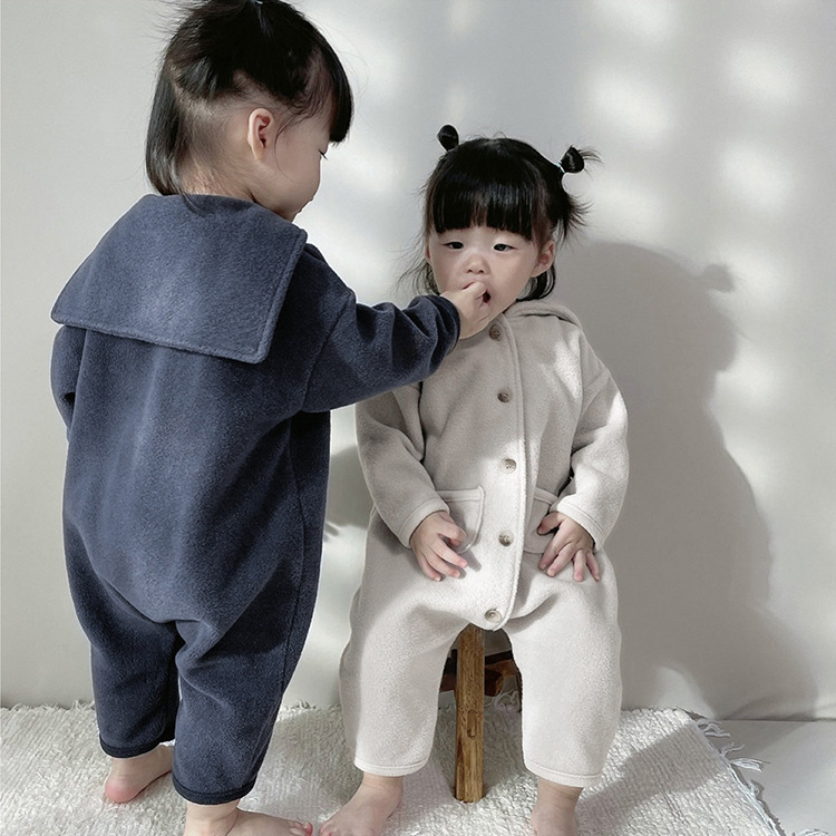 婴童秋款宝宝爬服双面绒大翻领口袋连体衣婴儿单排扣长款包屁衣|undefined