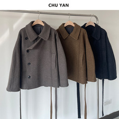 高版本lem*羊驼毛立领双排扣毛呢大衣女金敏喜同款不对称短外套冬