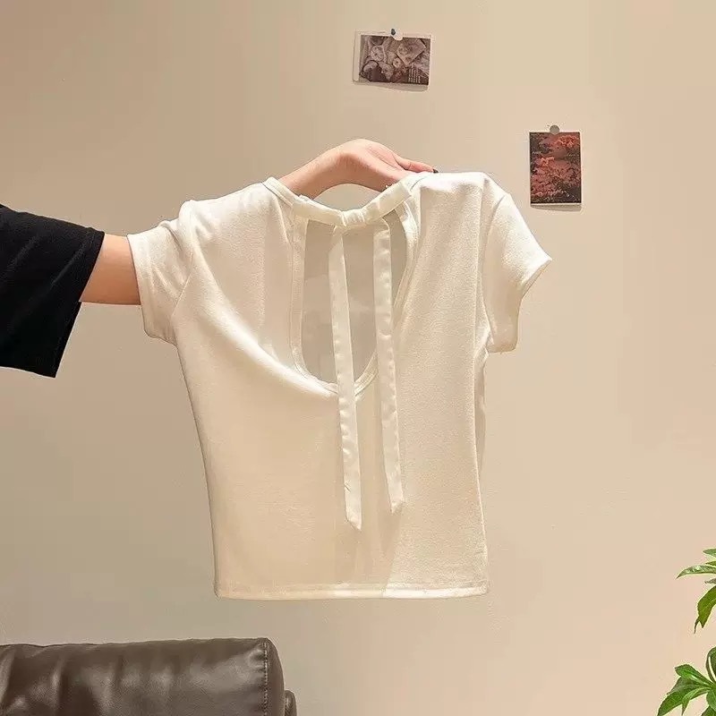クロスボーダースポットボウバックレスピュアデュード半袖ラウンドネックTシャツホットガールスリミングデザインショルダートップ直販|undefined