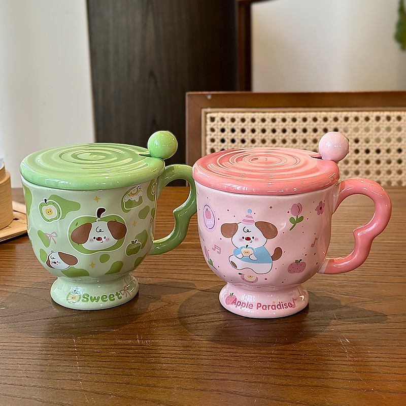 Alto valor facial encantador taza de dibujos animados con cubierta de cuchara taza de agua cerámica pareja de desayuno casero taza de café de leche práctica image 4