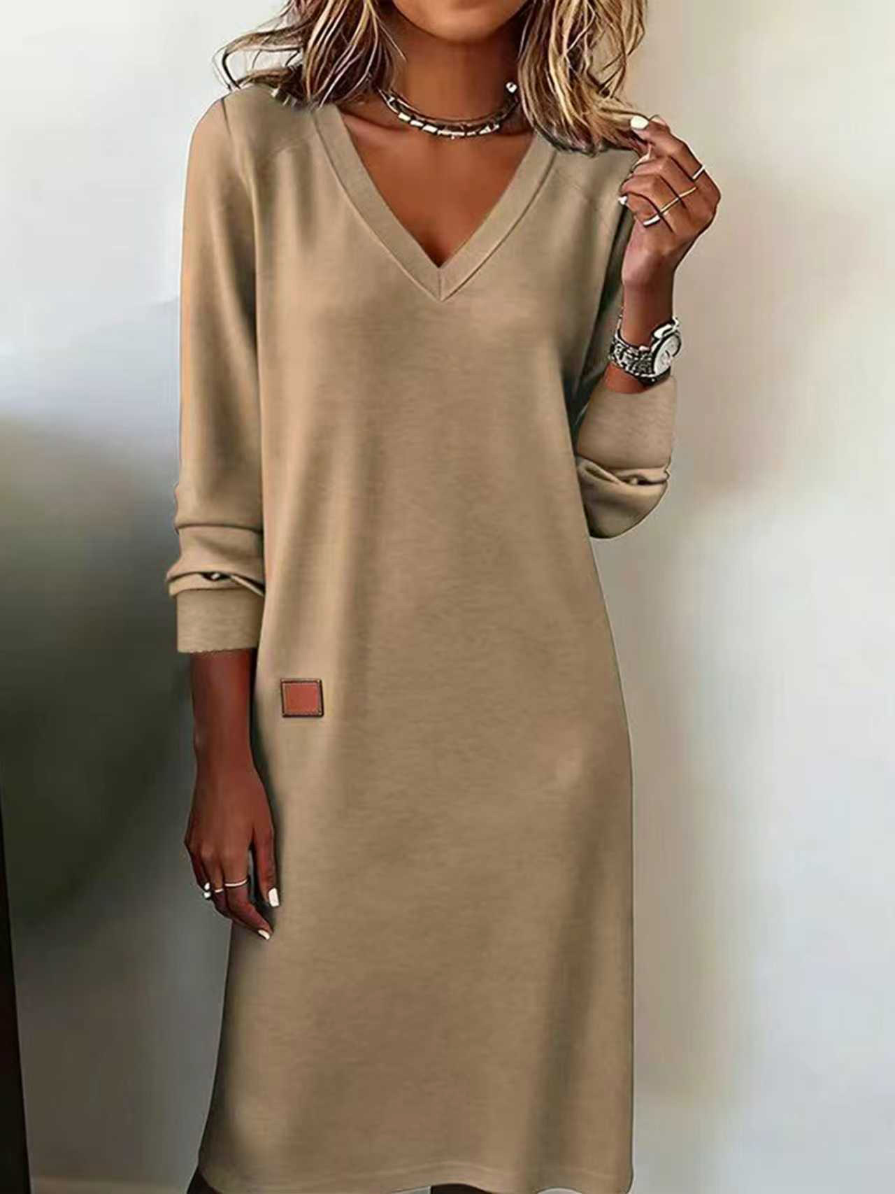 Spring Autumn Women's V Neck Slim Fit Long Dress Bodycon Fashion Jumpsuit_ecoleips.com