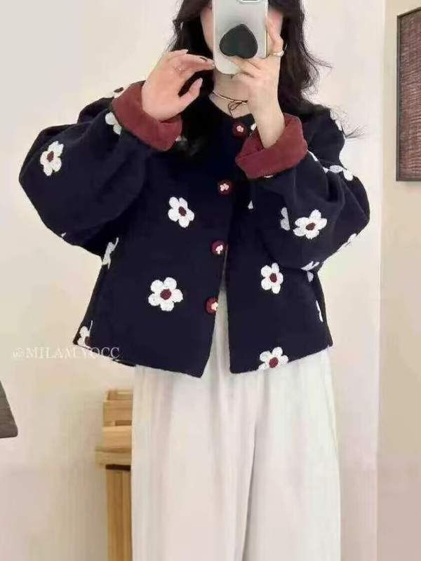 厂家直销欧洲站设计感立体花朵圆领小香风呢子外套女25秋冬上衣潮|undefined