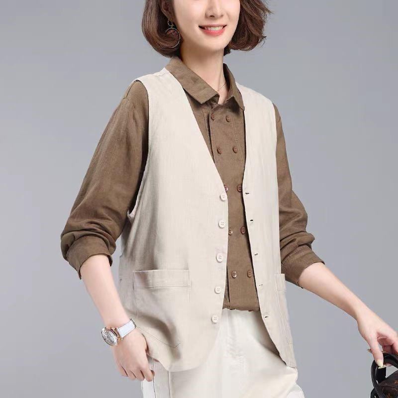 Official Figure Cotton and Linen Vest Women's Short 2025 Spring and Summer Korean Style Middle-aged Mother Retro Waistcoat Outer Wear Thin Vest