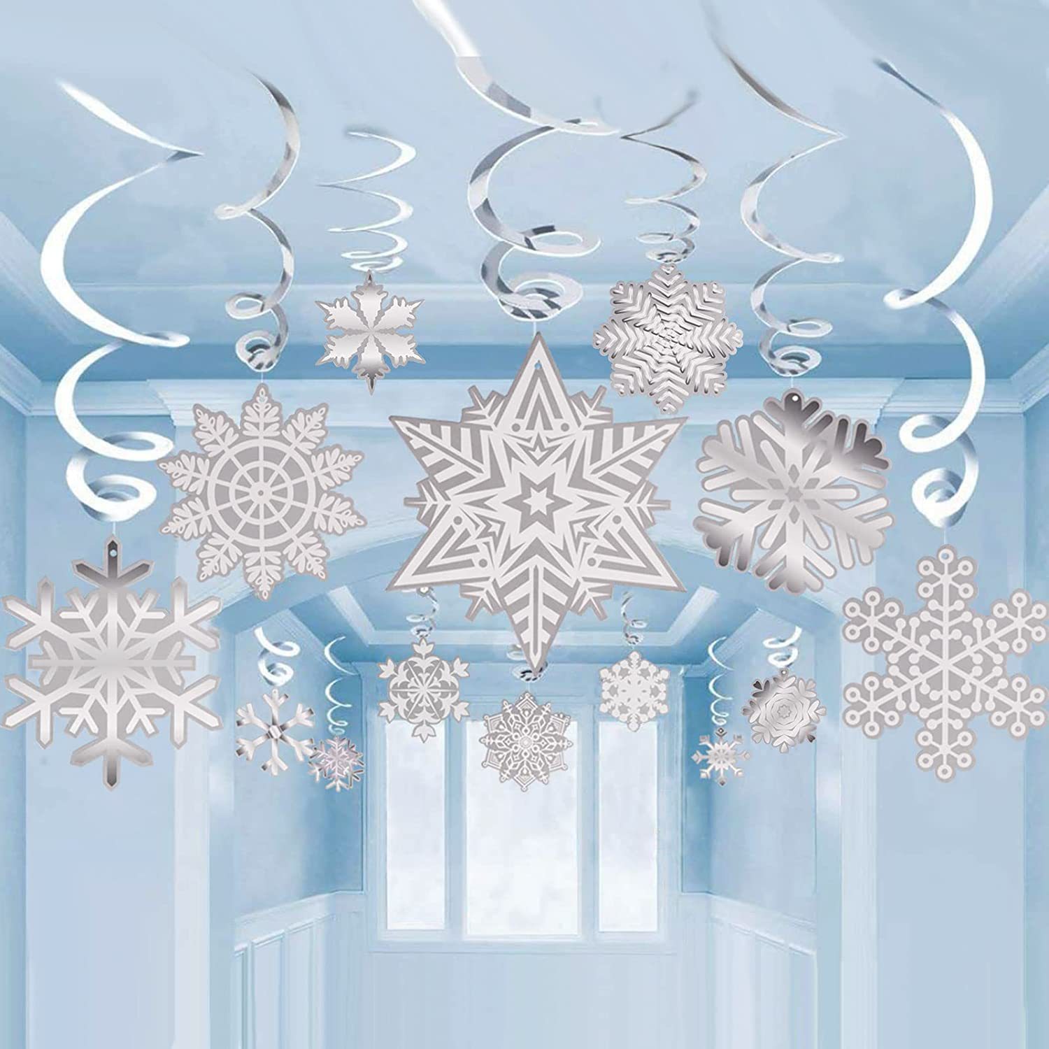 Amazon decoración suministros Navidad copo de nieve fiesta espiral colgante hueco tridimensional copo de nieve colgante color raya Garland