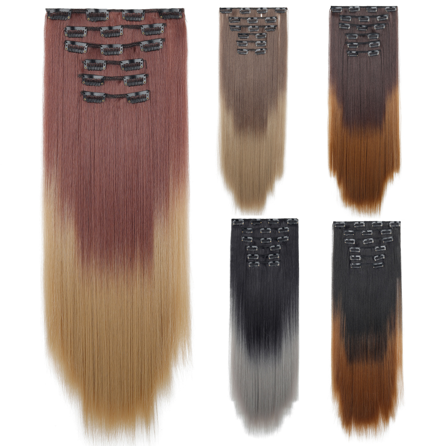 6-delige set met steil, kleurrijk verloop extensions en 16 haarclips_voghion.com