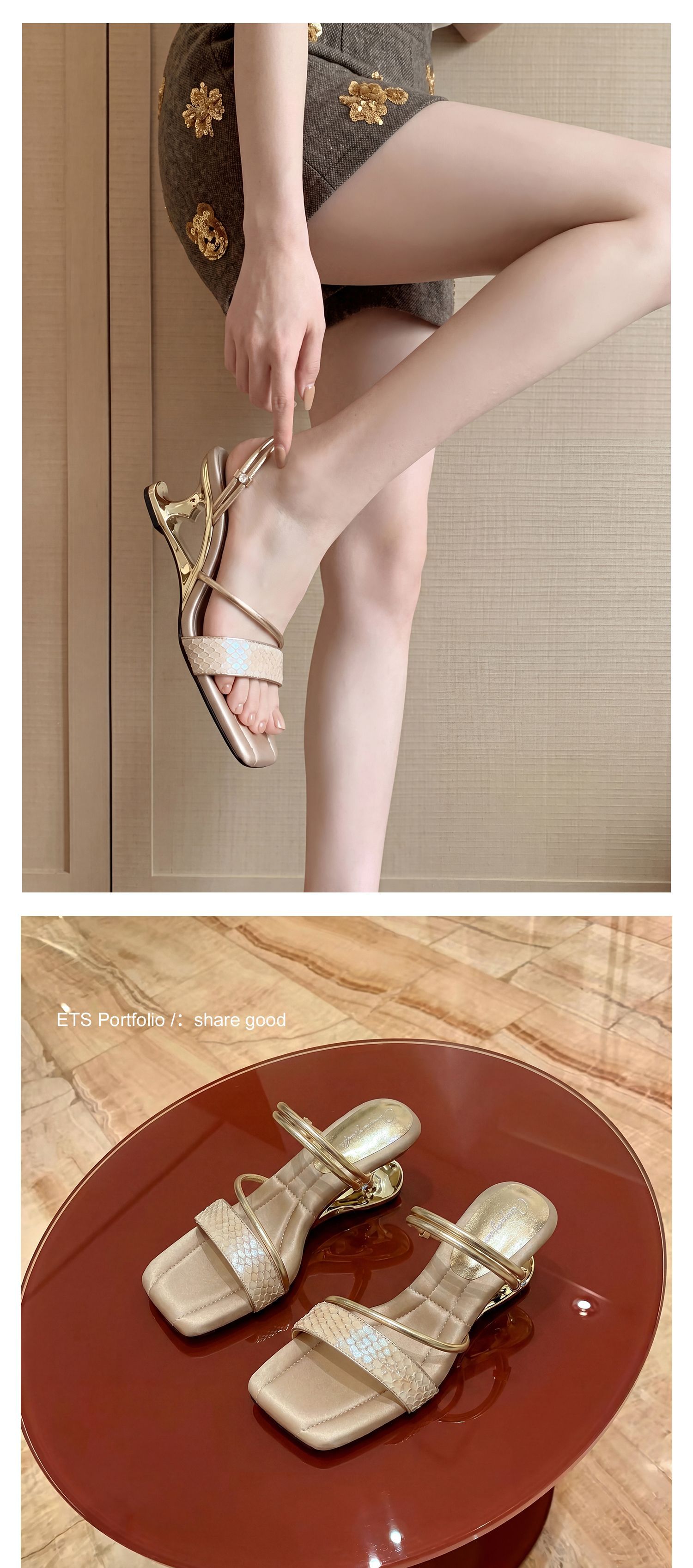 Sandal cao gót nữ quai mảnh mũi vuông hở mũi, gót dị hình, có thể xỏ kiểu một dây hoặc hai dây — màu vàng, bạc chi tiết 13