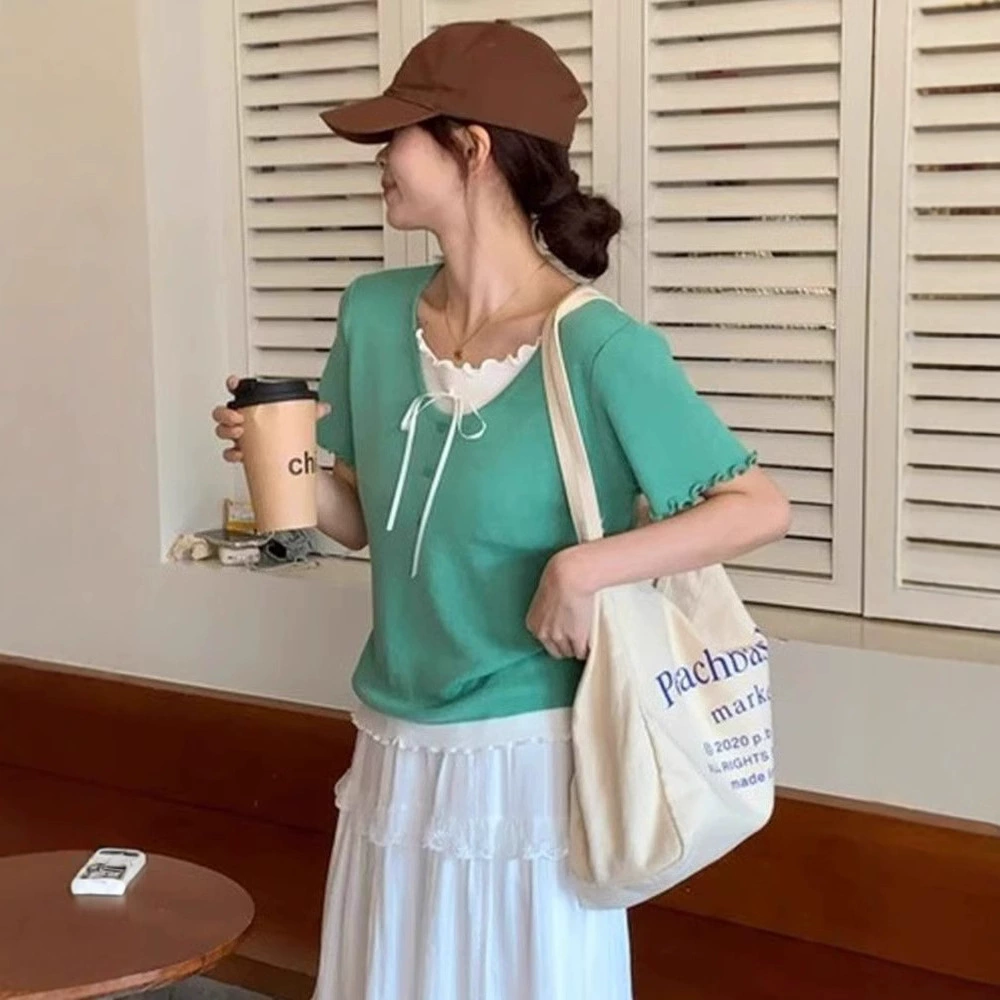 Корейский сладкий кружевной топ с рюшами, имитация двухслойного трикотажа, короткий рукав, женский летний новый миниатюрный облегающий топ