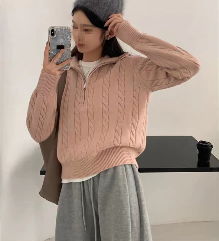 翻领设计感麻花拉链针织衫秋冬女装长袖纯色气质宽松上衣女套头|undefined