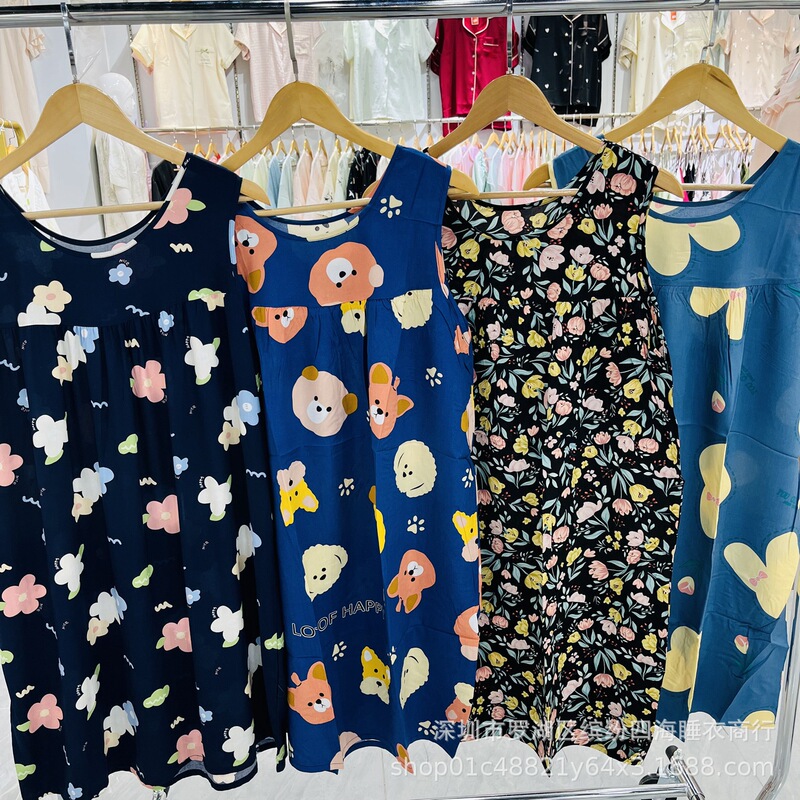 Flower floating summer cotton silk nightgown ladies sleeveless vest skirt loose thin middle-aged plus large size wholesale pajamas Flower floating summer cotton silk nightgown ladies sleeveless vest skirt loose thin middle-aged plus large size wholesale pajamas