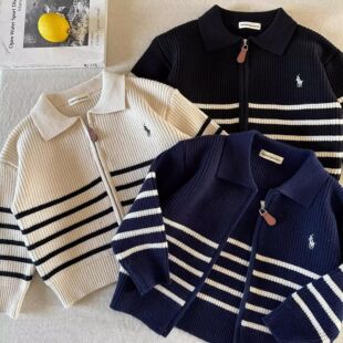 Children's Sweater 2025 Autumn Trendy Brand Boys' Striped Knitted Cardigan Baby Kids Fashionable Zipper Shirt Jacket