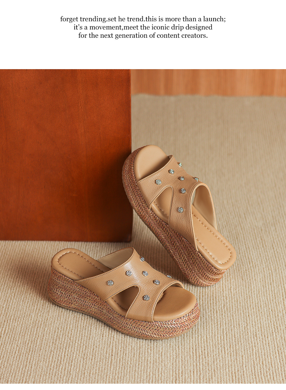 Dép sandal nữ đế dày da cừu họa tiết hoa — Trà sữa màu chi tiết 21