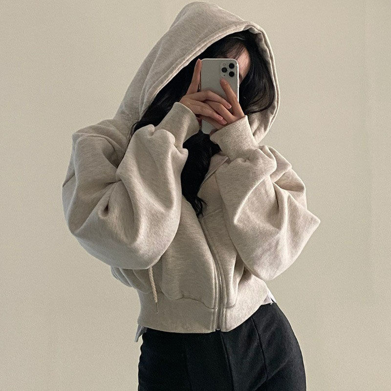 Autumn/Winter 2023 New Ins fleece-lined All-match Fashion Short Slim-fit Zipper Warm Solid Color Hooded Sweat for Women