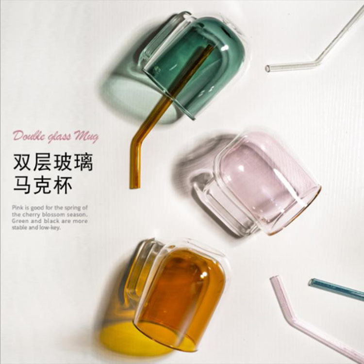 創意家用辦公室雙層玻璃簡約可愛風彩色內膽帶把手雙層隔熱玻璃杯