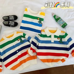 Children's Autumn Rainbow Striped Long-Sleeve T-Shirt for Boys and Girls, Soft Knit Polo Shirt and Sweater
