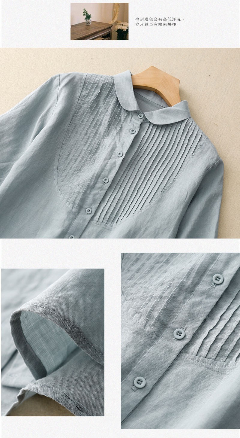 Style, Shirt Tops Type Retro Artistic Loose Cotton Linen Shirt French Piano Pleat New Summer Style Women's Basic Shirt Pure Color Commute Fashion