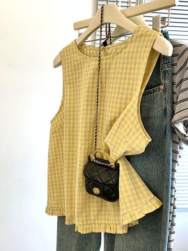 Yellow Plaid Lace Vest Shirt for Women, Summer Outerwear, Loose Design, Slimming Sleeveless Vest Top Yellow Plaid Lace Vest Shirt for Women, Summer Outerwear, Loose Design, Slimming Sleeveless Vest Top