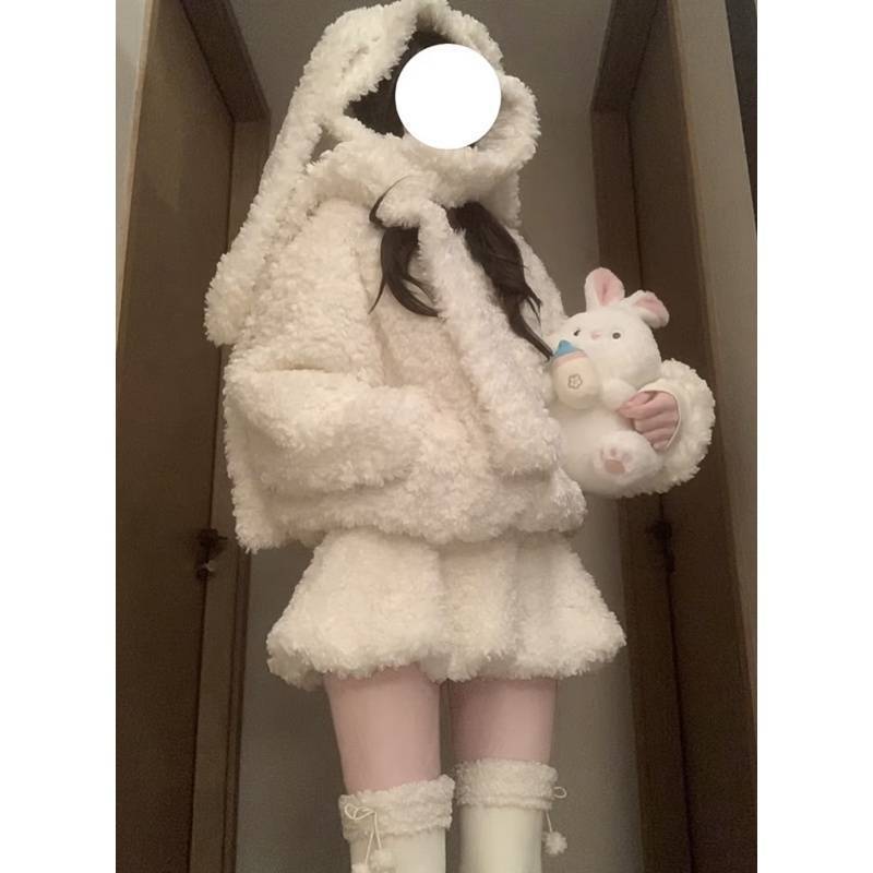 冬日可爱少女甜美减龄兔耳朵羊羔毛外套高腰短裙洋气套装裙ins风