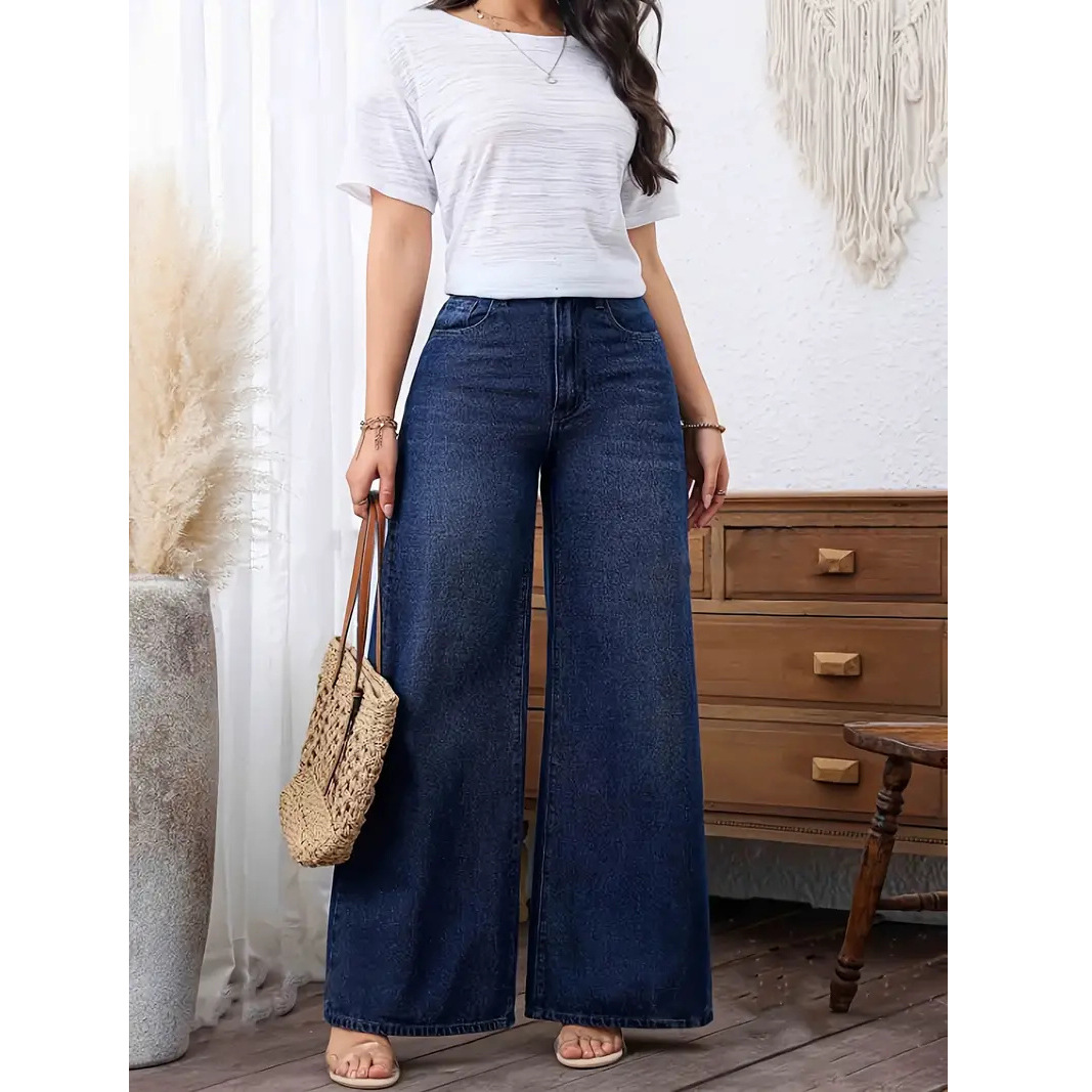 Women's Classic Washed Denim Jeans - Straight Wide Leg Fit, Comfortable Stretch Fabric, Simple & Fashionable Everyday Pants_ecoleips.com