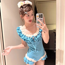 一字肩孔雀蓝显白花朵连体泳衣女小胸聚拢纯欲辣妹甜美泡温泉泳装