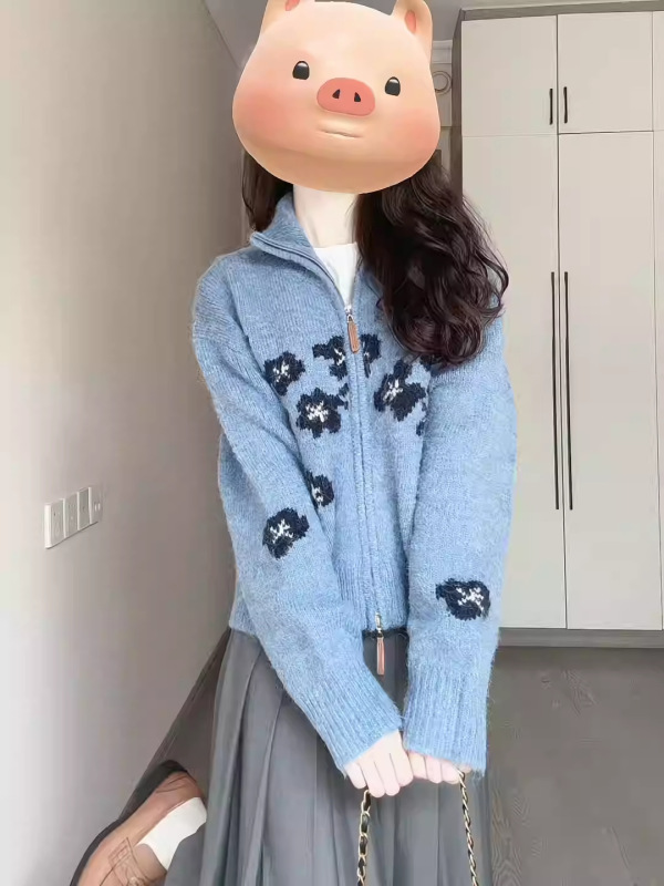 费尔岛美式慵懒风秋冬新款设计感钩花拉链蓝色毛衣外套女针织开衫|undefined