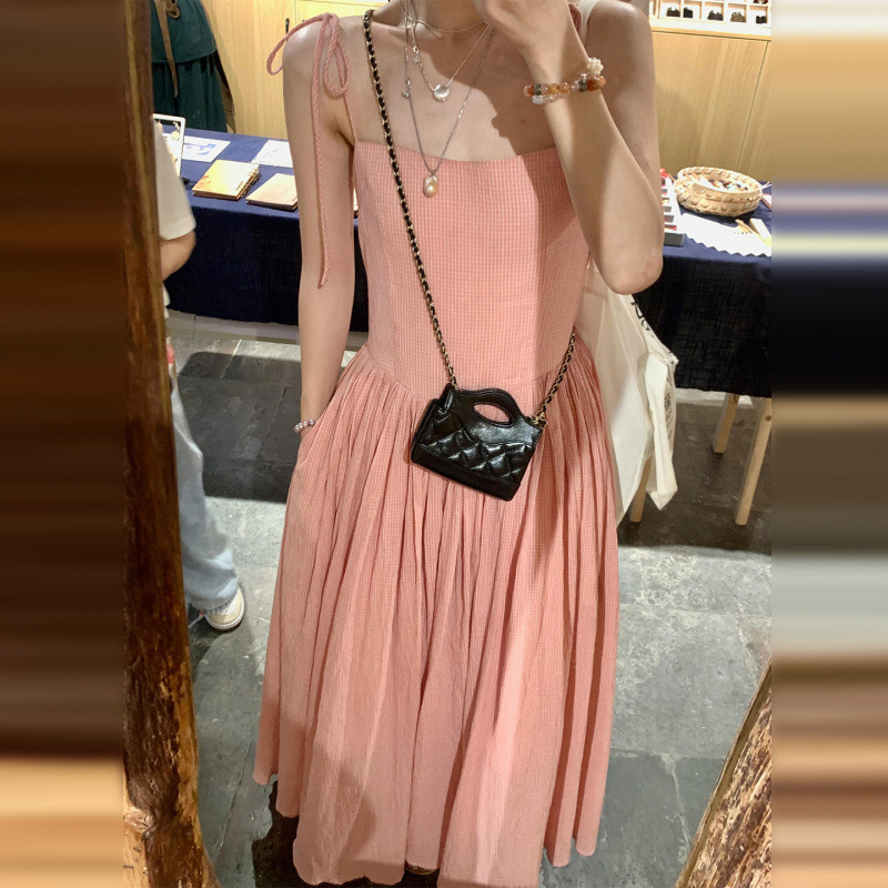 2025 New Style Petite and Beautiful Niche Elegant Pink Suspender Dress Women's Summer Vacation Long Dress