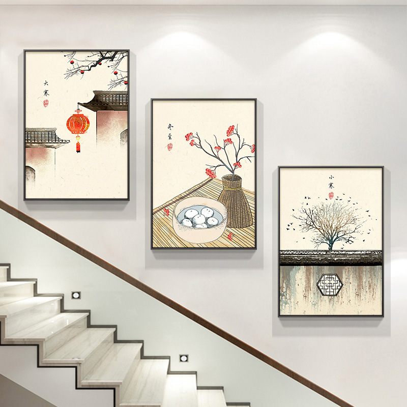 深セン大芬油画村階段階段間装飾画新中国式花鳥ハスの花複式壁画客間|undefined