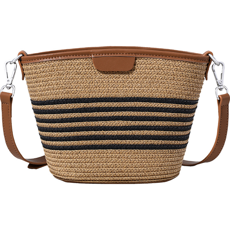 Túi bucket nữ dệt cói đi biển quai đeo chéo — màu kaki, Kaki (phiên bản công cộng)