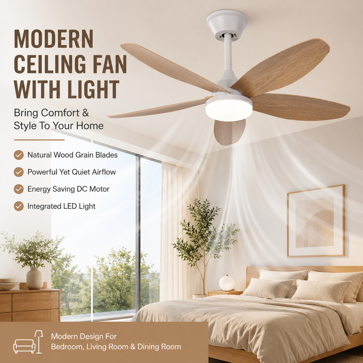 Ventilador de Techo con Luz de ABS y PC, con Control Remoto, Motor DC, para Sala de Estar y Comedor