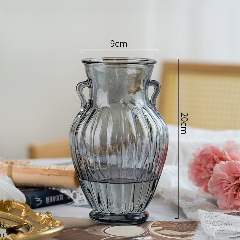 Vaso de vidrio retrógrado europeo en forma de jarro de doble oreja transparente hidropónico francés ramo de flores frescas secas adornos domésticos de gran calibre