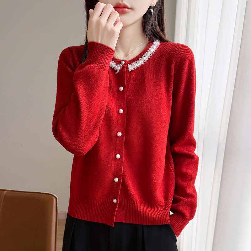 Knitted cardigan sweater for women, pearl lace round neck, loose long sleeves, suitable for outerwear, spring and autumn new stylish design Knitted cardigan sweater for women, pearl lace round neck, loose long sleeves, suitable for outerwear, spring and autumn new stylish design