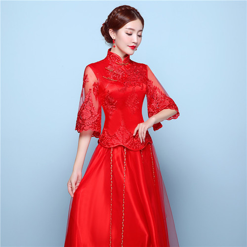 Toast the bride Chinese style dress female bridal chinese wedding party XiuHe dresses red wedding clothes dragon phoenix Chinese dress lace wedding gown