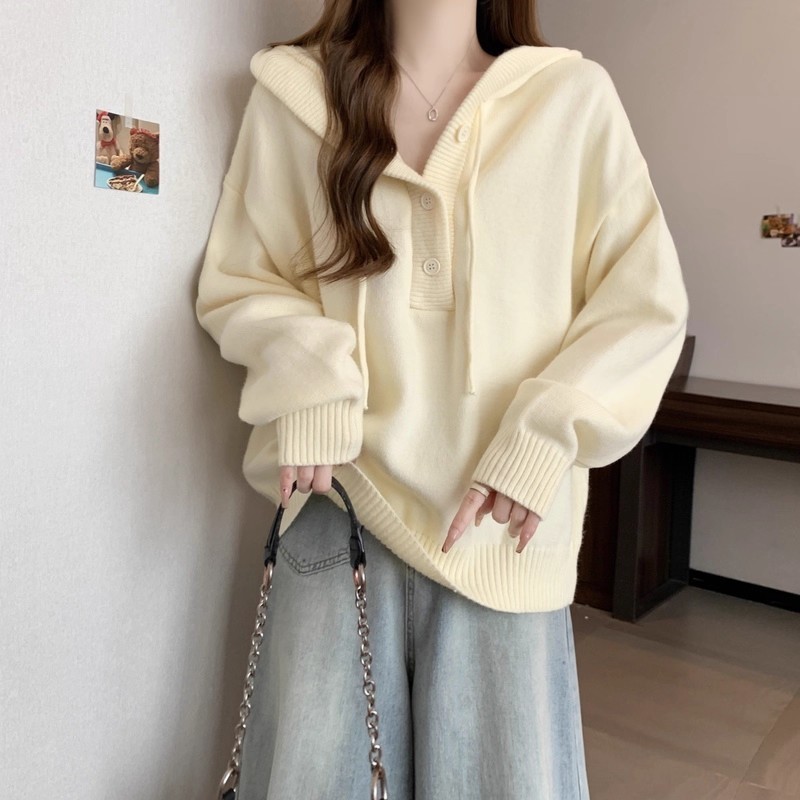 美式复古半开衫纯色连帽毛衣女秋冬季宽松慵懒风软糯针织衫外套女|undefined