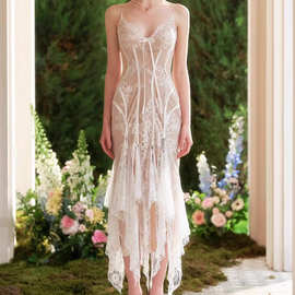 欧美风女装2026春季时尚性感气质鱼尾宫廷系带方领蕾丝花边连衣裙