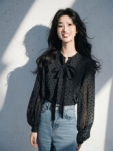 新款漂亮小衫法式感轻奢黑色系带波点雪纺长袖衬衫女春季