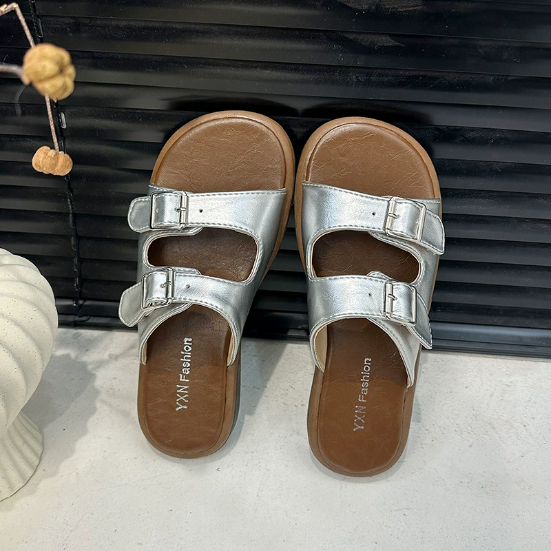 Суперпопулярные высококачественные серебряные тапочки Birkenstock для женщин, летняя обувь 2025 года, новые пляжные сандалии на толстой подошве, весна