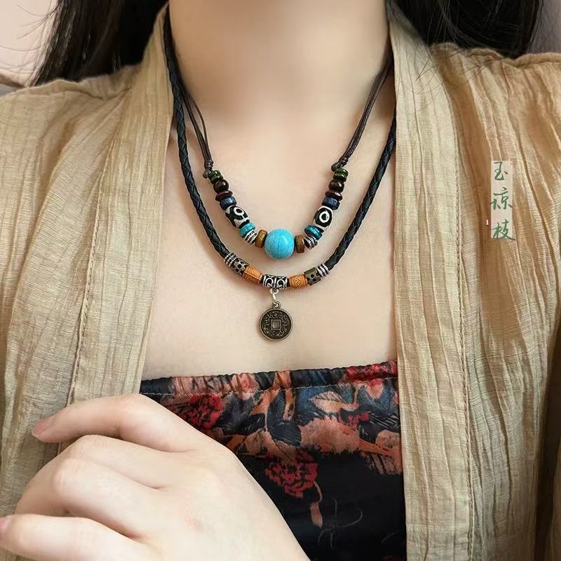 新中式叠戴吊坠项链女藏式民族风复古锁骨链小众古风百搭毛衣链潮|undefined