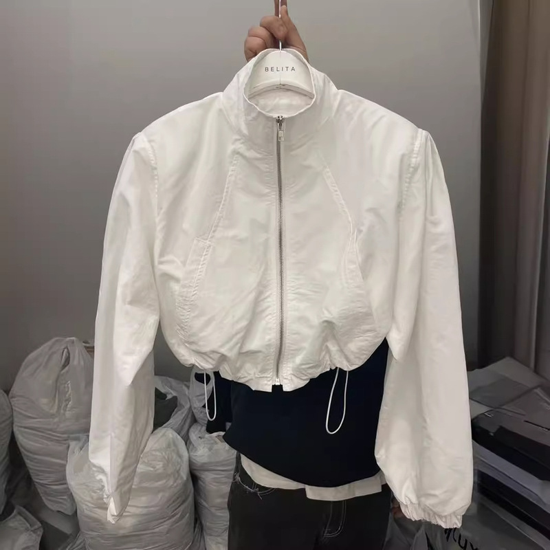 2024 Spring New Casual Stand Collar Drawstring Zipper Bubble Long Sleeve Short Sports Jacket Sun Protection Jacket for Women