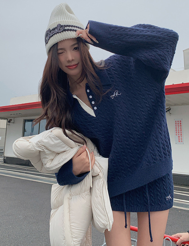 韩系学院风麻花针织毛衣高腰裙裤套装女2025新款慵懒风半裙两件套|undefined